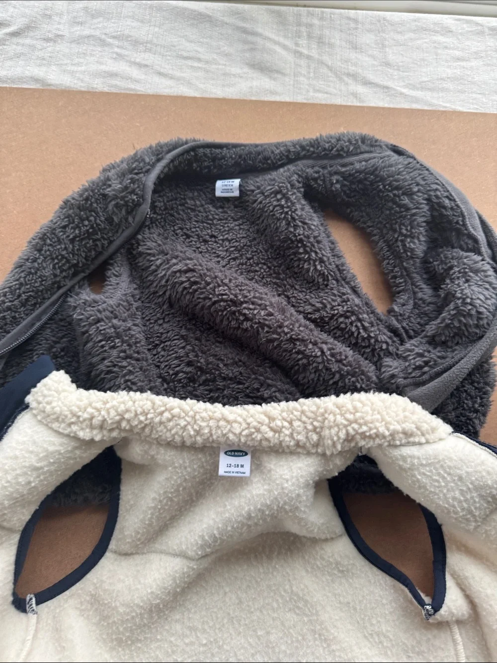 (2) Old Navy 12-18M - Kids Sherpa Vests- Navy and Cream + Grey. Smoke free home